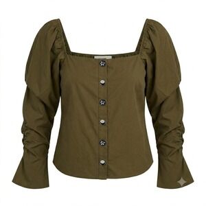 The Shirt Rochelle Behrens Medium‎ Olive Green Puff Sleeve Square Neck Top  - CJ
